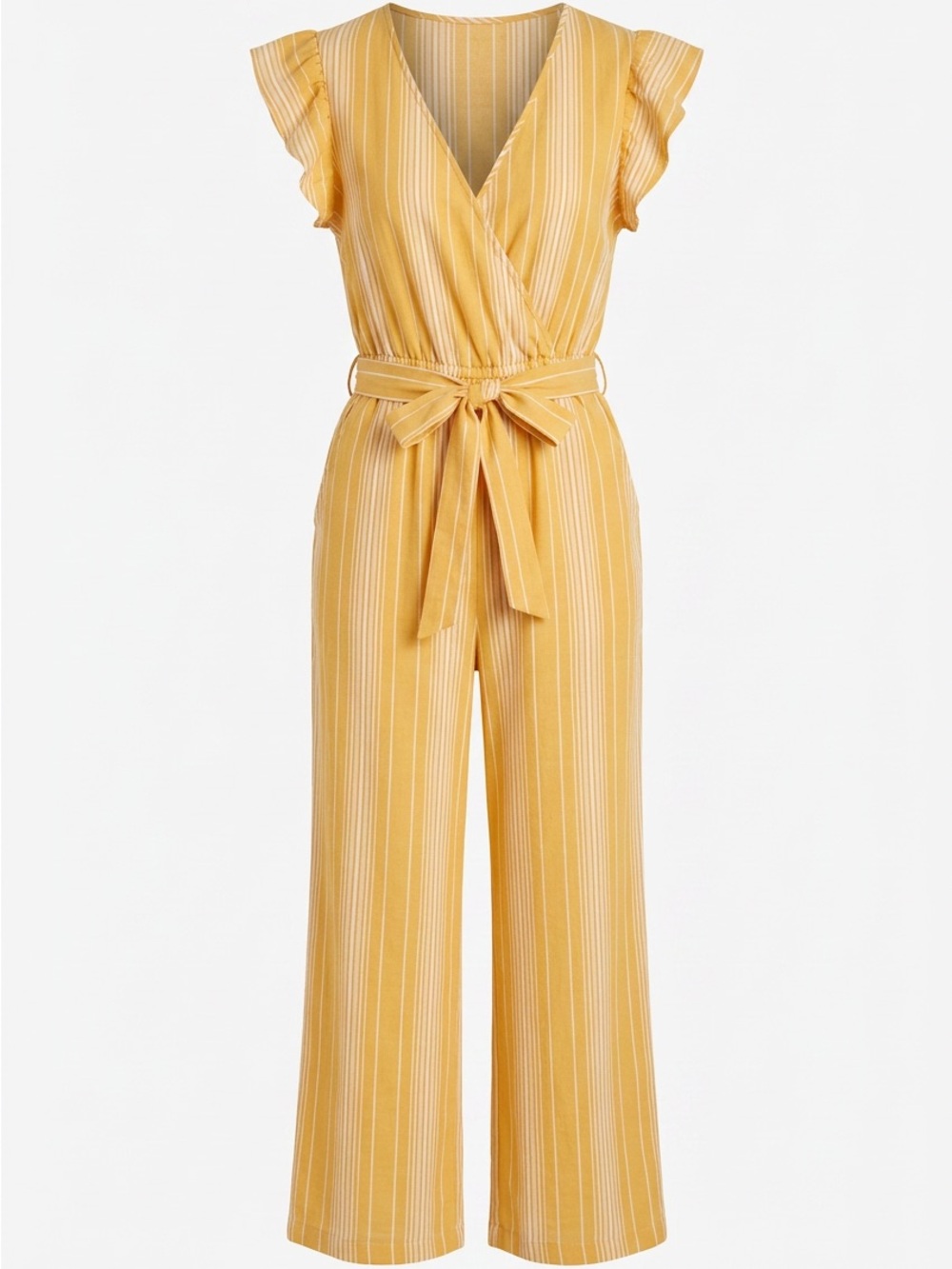 SHEIN Yellow Striped Wrap Jumpsuit with Tie Waist